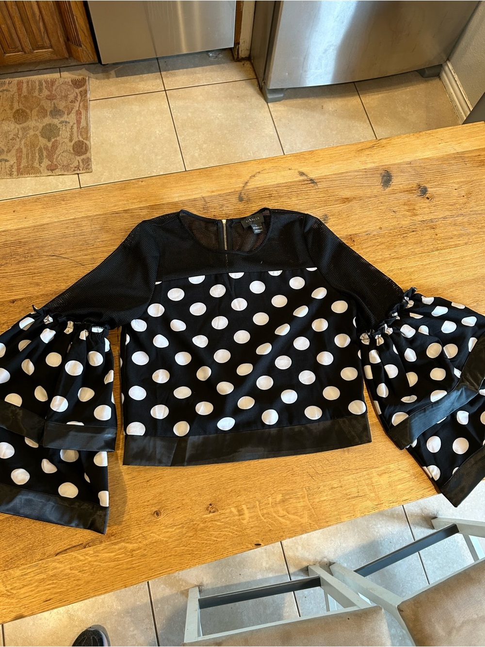 Gracia Black & White Polka Dot Bell Sleeve Blouse